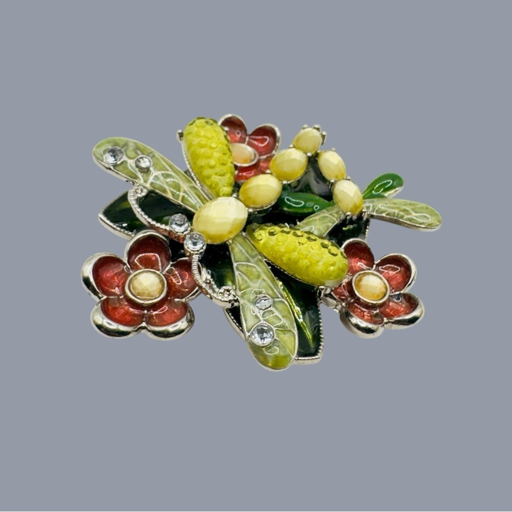 Vintage Multicolor Dragonfly Flowers Brooch Pin - 1980s - Picture 5 of 10